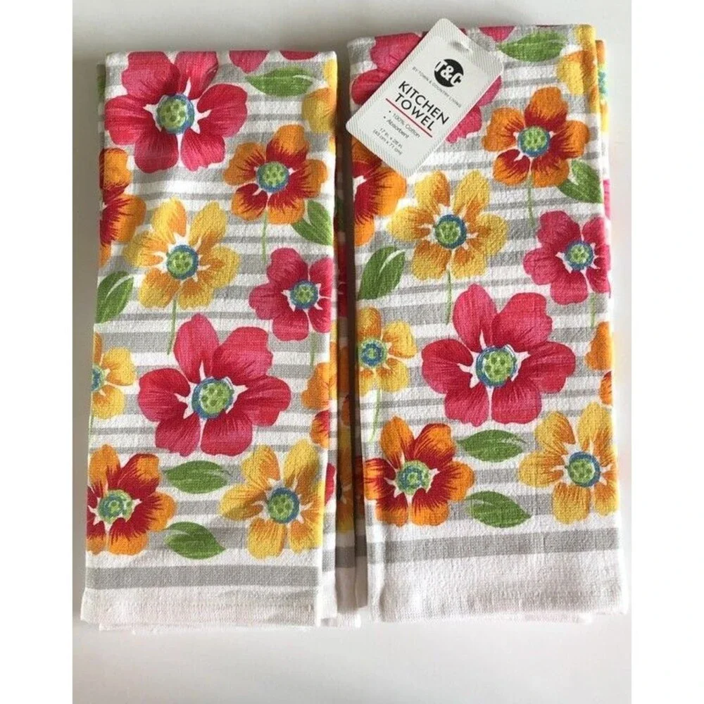 Floral Flowers Kitchen Dish Towels 17x28 Absorbent 100% Cotton Set of 2